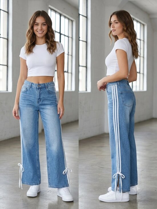 Telepatia Pants - Telepatía Blue Denim Mid-Rise Wide Leg Jeans with Side Stripe Detail - Size 9/29
